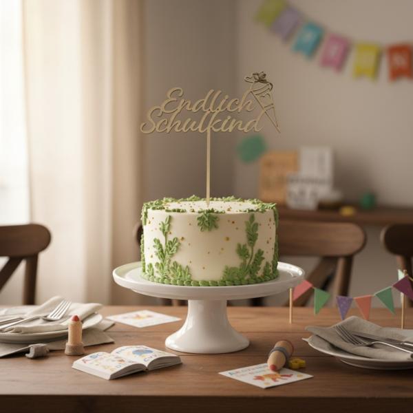 Holz‑Caketopper aus 3 mm Birkensperrholz mit Schriftzug „Endlich Schulkind“ und Schultüte